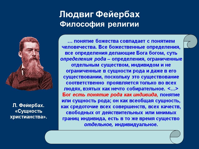 Людвиг Фейербах Философия религии … понятие божества совпадает с понятием человечества. Все божественные определения,